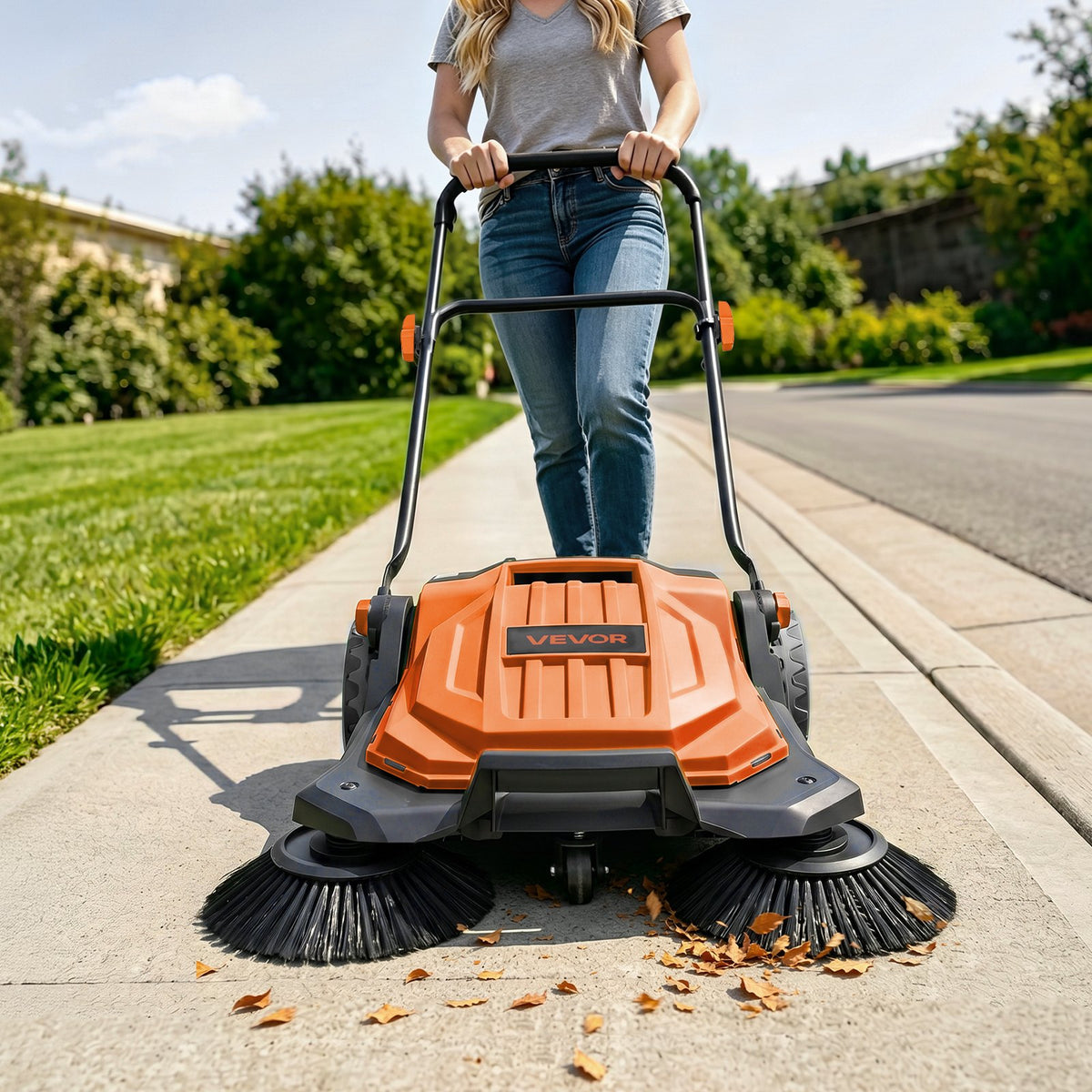 Walk-Behind Hand Push Floor Sweeper, Manual Floor Sweeper Non-Electric with 650mm Sweeping Width, 18.9L Waste Container & Adjustable Folding Handle for Yards Walkways Patios Garages - Orange