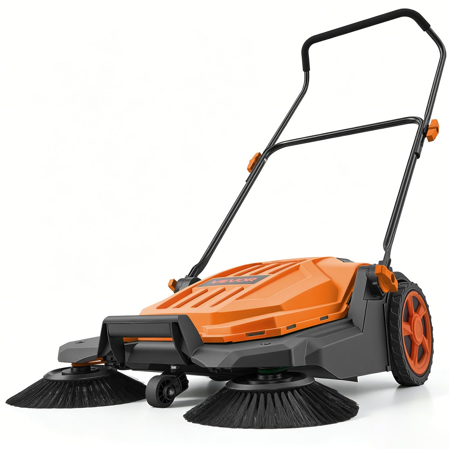 Walk-Behind Hand Push Floor Sweeper, Manual Floor Sweeper Non-Electric with 650mm Sweeping Width, 18.9L Waste Container & Adjustable Folding Handle for Yards Walkways Patios Garages - Orange