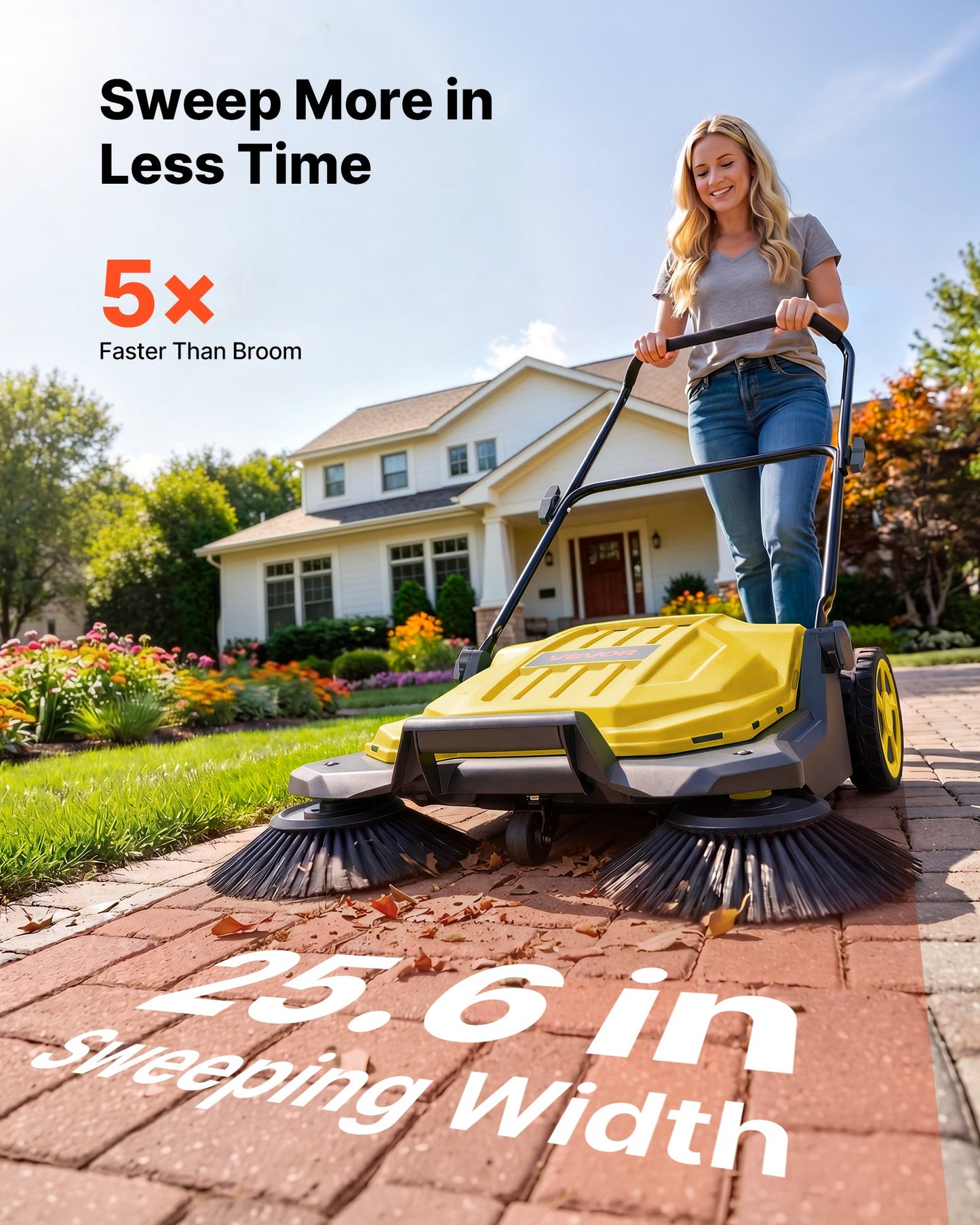 Walk-Behind Hand Push Floor Sweeper, Manual Floor Sweeper Non-Electric with 650mm Sweeping Width, 18.9L Waste Container & Adjustable Folding Handle for Yards Walkways Patios Garages - Yellow