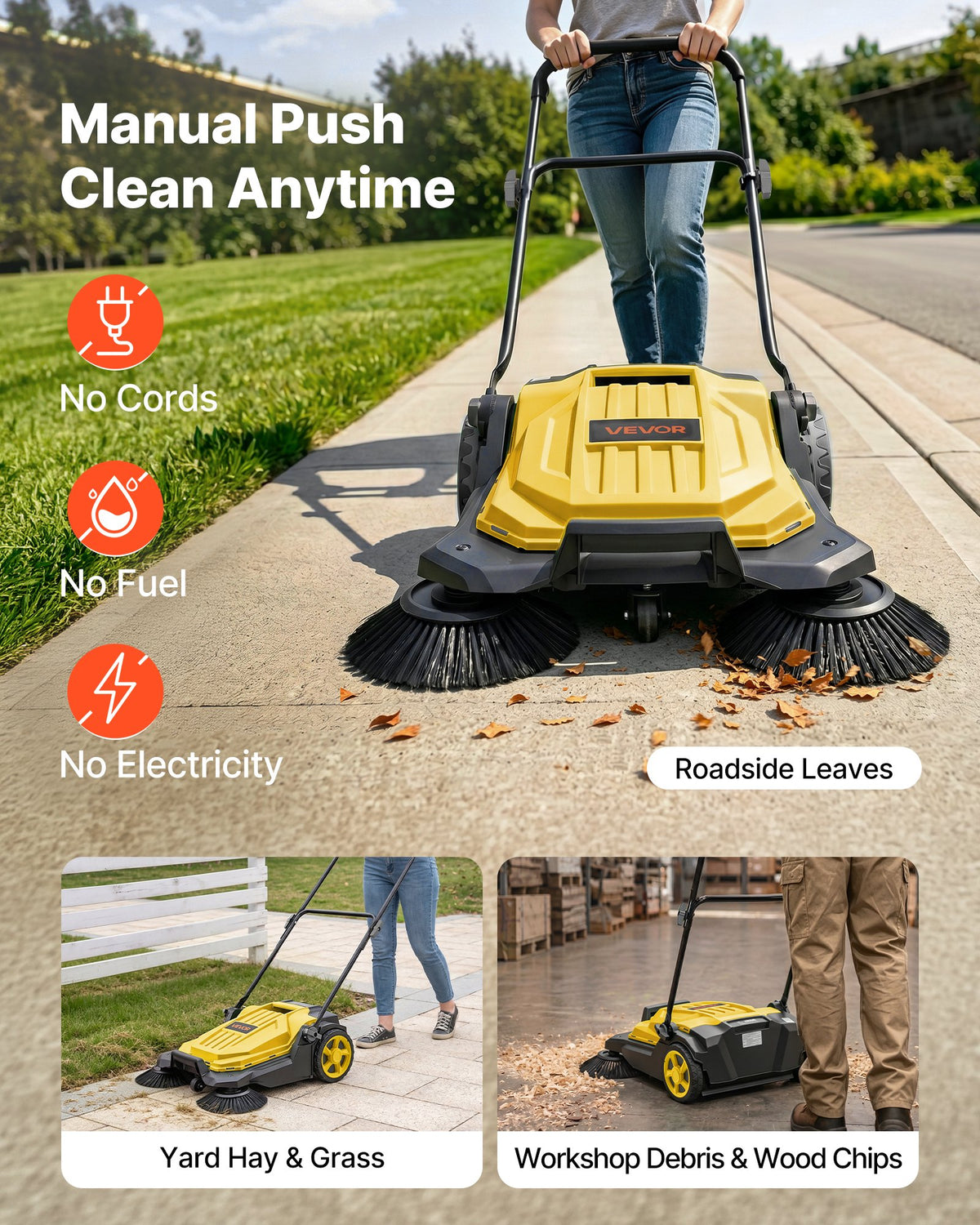 Walk-Behind Hand Push Floor Sweeper, Manual Floor Sweeper Non-Electric with 650mm Sweeping Width, 18.9L Waste Container & Adjustable Folding Handle for Yards Walkways Patios Garages - Yellow