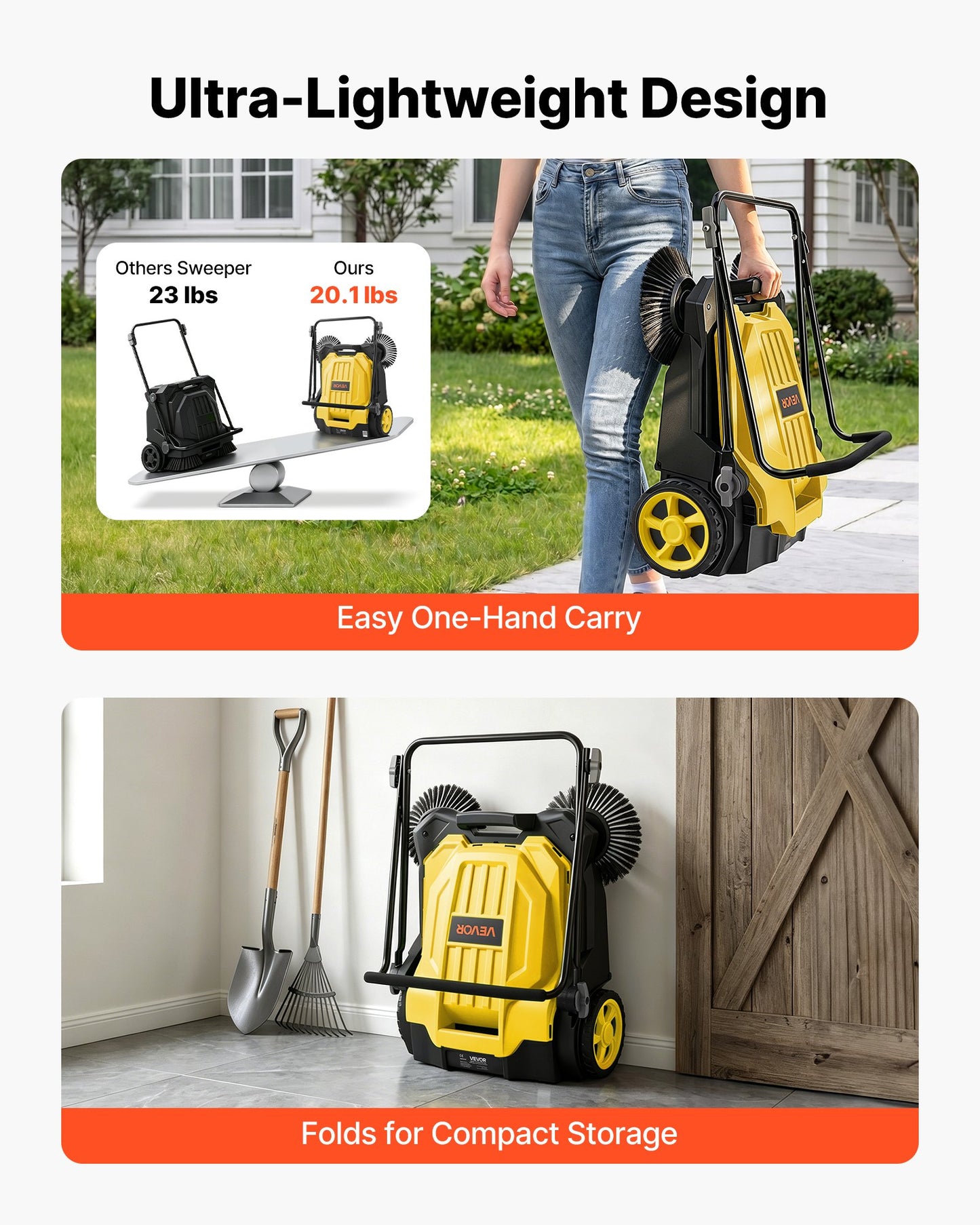 Walk-Behind Hand Push Floor Sweeper, Manual Floor Sweeper Non-Electric with 650mm Sweeping Width, 18.9L Waste Container & Adjustable Folding Handle for Yards Walkways Patios Garages - Yellow