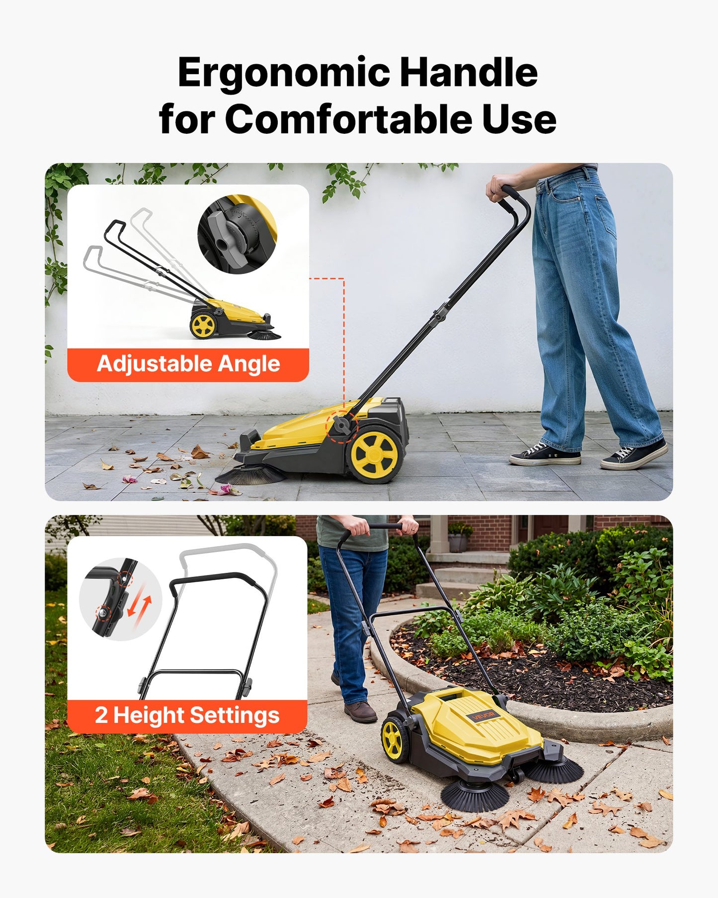 Walk-Behind Hand Push Floor Sweeper, Manual Floor Sweeper Non-Electric with 650mm Sweeping Width, 18.9L Waste Container & Adjustable Folding Handle for Yards Walkways Patios Garages - Yellow