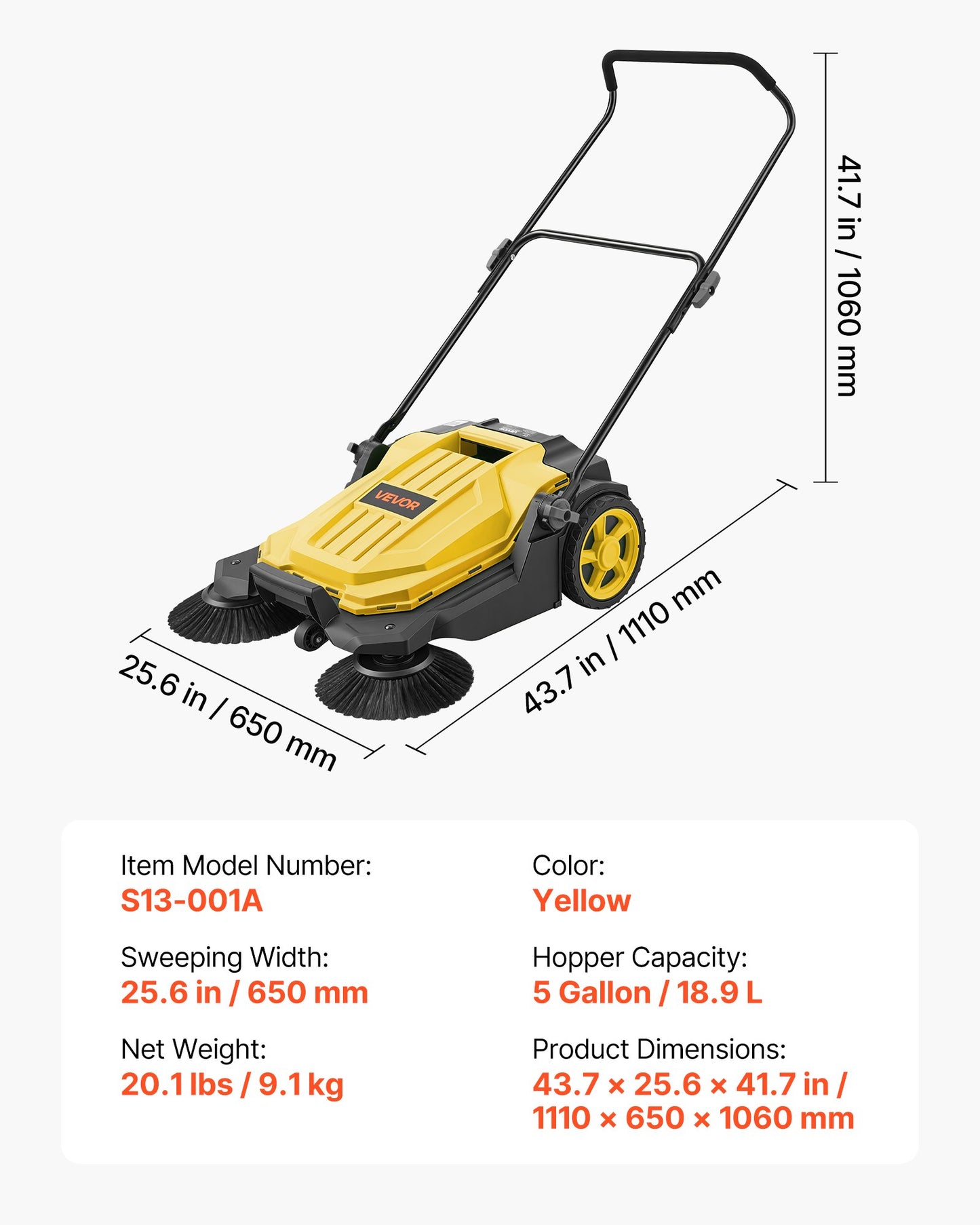 Walk-Behind Hand Push Floor Sweeper, Manual Floor Sweeper Non-Electric with 650mm Sweeping Width, 18.9L Waste Container & Adjustable Folding Handle for Yards Walkways Patios Garages - Yellow