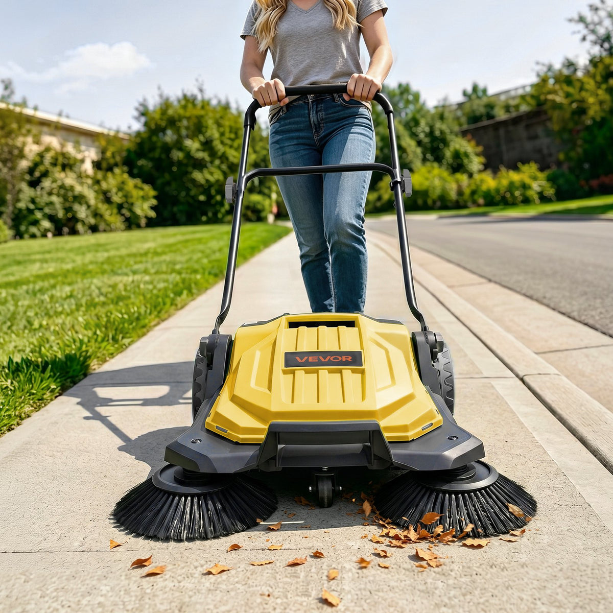Walk-Behind Hand Push Floor Sweeper, Manual Floor Sweeper Non-Electric with 650mm Sweeping Width, 18.9L Waste Container & Adjustable Folding Handle for Yards Walkways Patios Garages - Yellow
