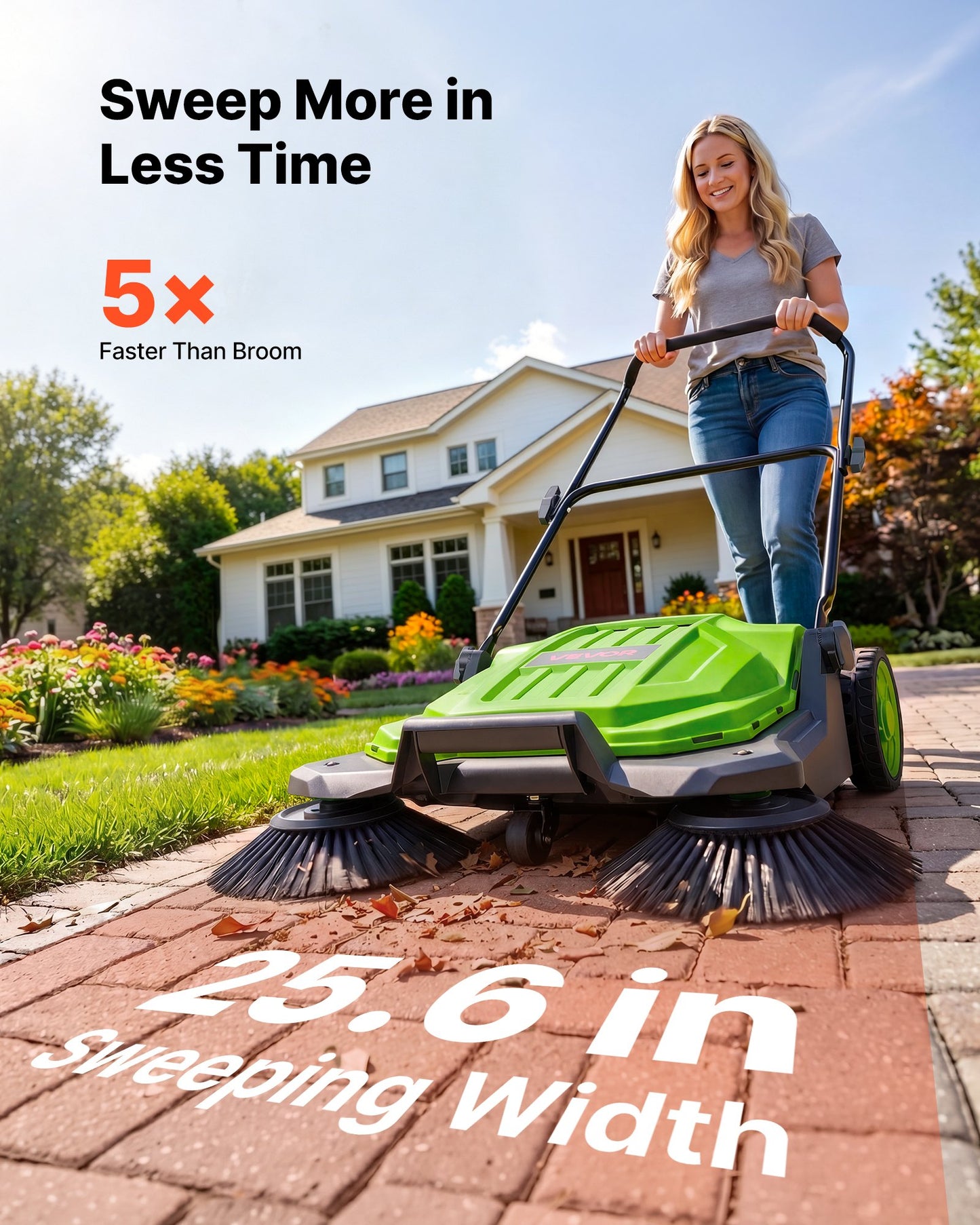Walk-Behind Hand Push Floor Sweeper, Manual Floor Sweeper Non-Electric with 650mm Sweeping Width, 18.9L Waste Container & Adjustable Folding Handle for Yards Walkways Patios Garages - Green