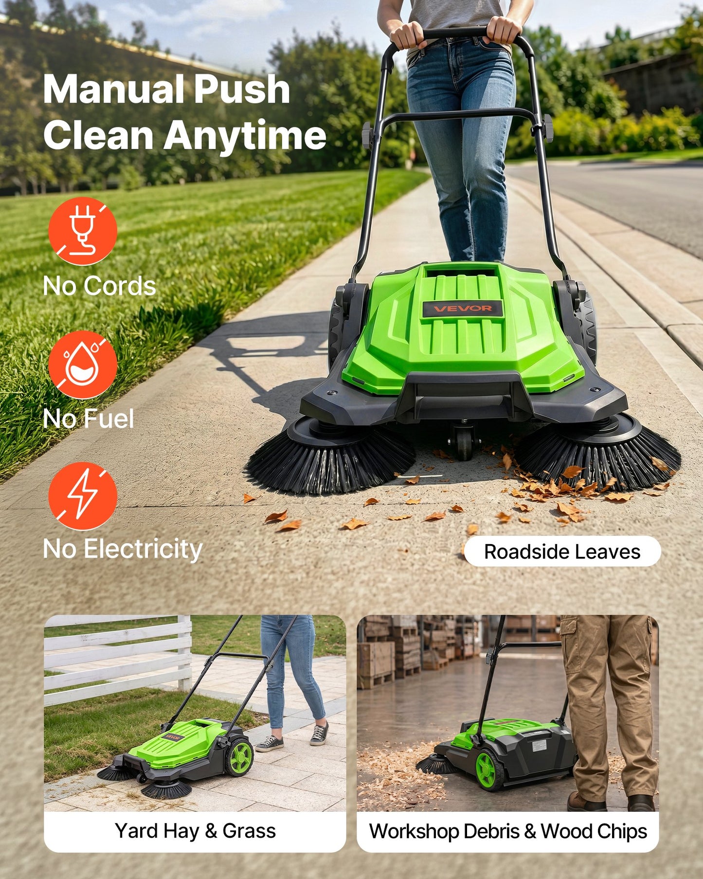 Walk-Behind Hand Push Floor Sweeper, Manual Floor Sweeper Non-Electric with 650mm Sweeping Width, 18.9L Waste Container & Adjustable Folding Handle for Yards Walkways Patios Garages - Green
