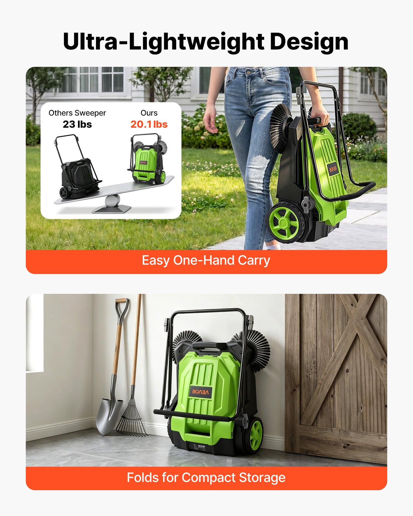 Walk-Behind Hand Push Floor Sweeper, Manual Floor Sweeper Non-Electric with 650mm Sweeping Width, 18.9L Waste Container & Adjustable Folding Handle for Yards Walkways Patios Garages - Green