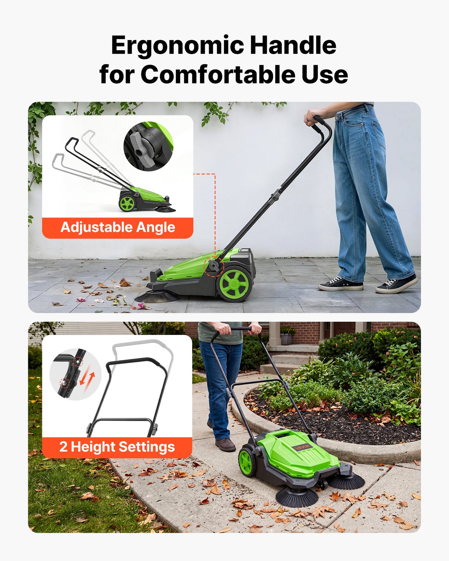 Walk-Behind Hand Push Floor Sweeper, Manual Floor Sweeper Non-Electric with 650mm Sweeping Width, 18.9L Waste Container & Adjustable Folding Handle for Yards Walkways Patios Garages - Green