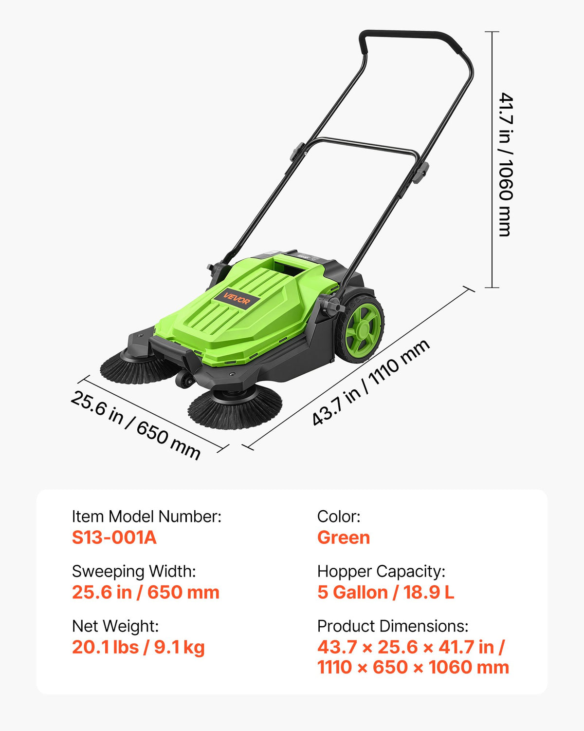 Walk-Behind Hand Push Floor Sweeper, Manual Floor Sweeper Non-Electric with 650mm Sweeping Width, 18.9L Waste Container & Adjustable Folding Handle for Yards Walkways Patios Garages - Green