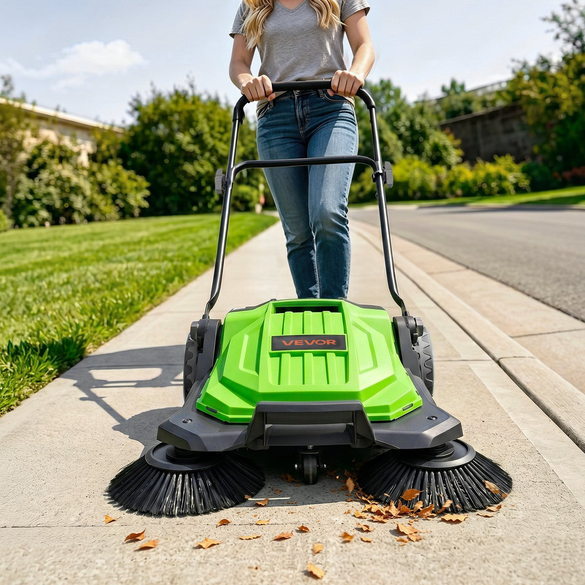 Walk-Behind Hand Push Floor Sweeper, Manual Floor Sweeper Non-Electric with 650mm Sweeping Width, 18.9L Waste Container & Adjustable Folding Handle for Yards Walkways Patios Garages - Green