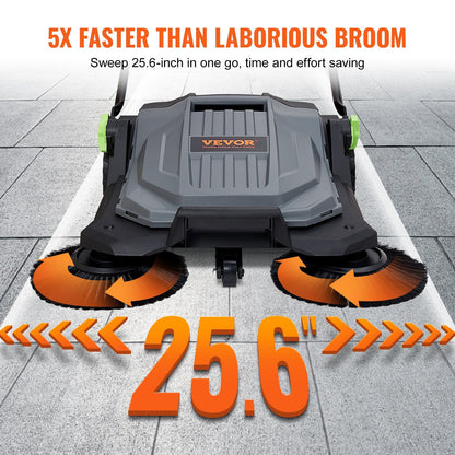 Hand Push Floor Sweeper, 0.65m Width, 18.9L Container, Adjustable Height