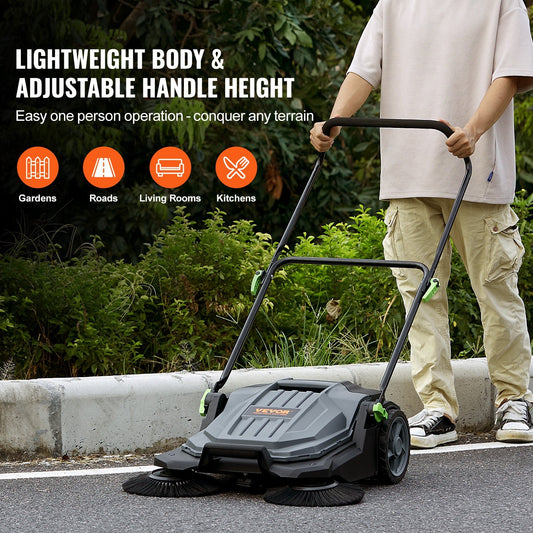 Hand Push Floor Sweeper, 0.65m Width, 18.9L Container, Adjustable Height