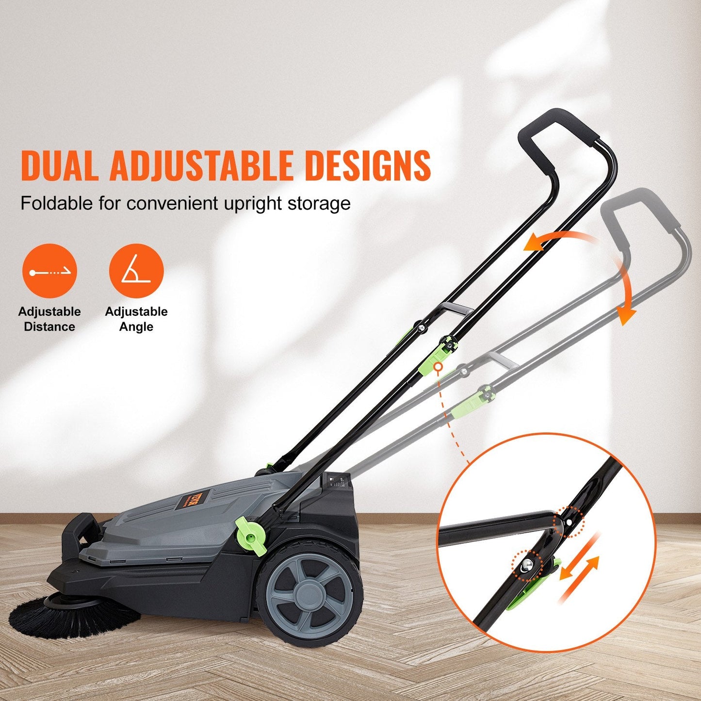 Hand Push Floor Sweeper, 0.65m Width, 18.9L Container, Adjustable Height