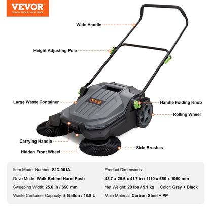 Hand Push Floor Sweeper, 0.65m Width, 18.9L Container, Adjustable Height