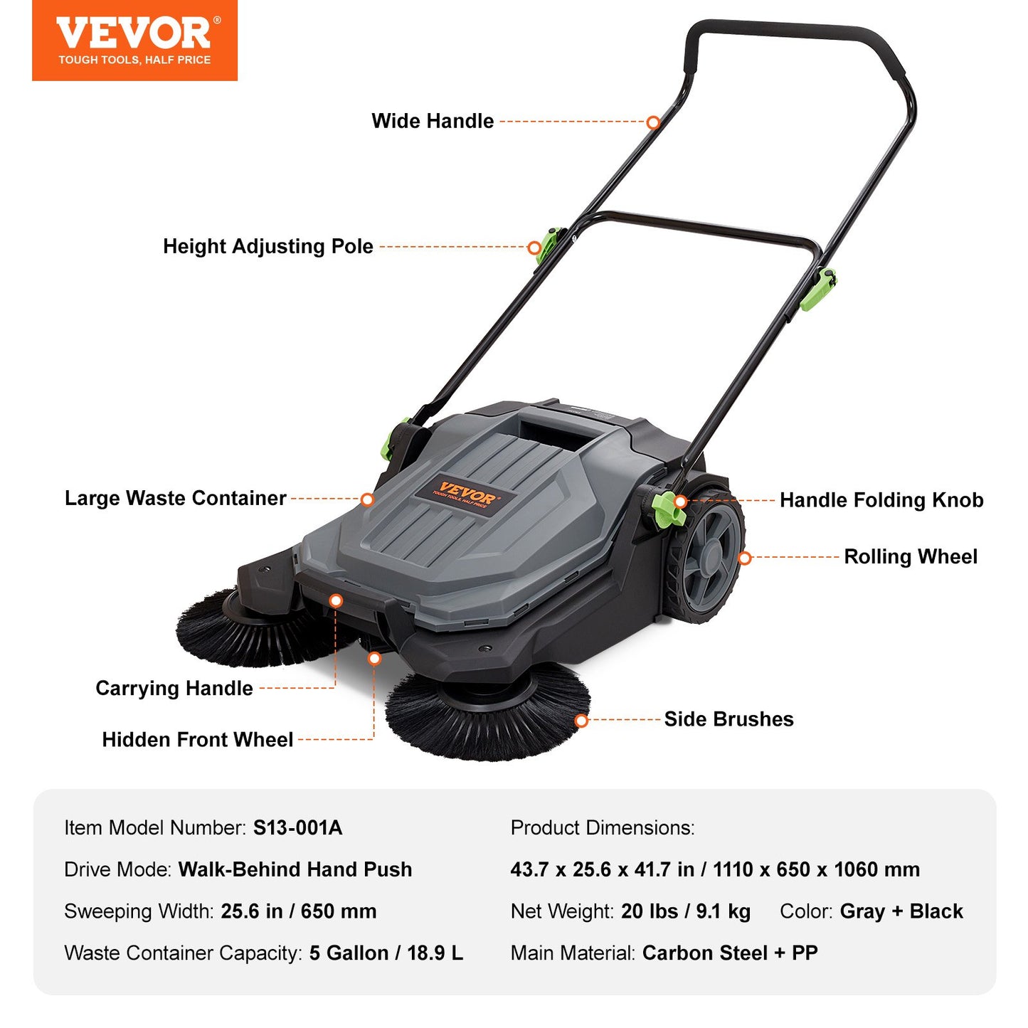 VEVOR Walk-behind Hand Push Floor Sweeper 25.6" Width 5 Gallon Waste Container