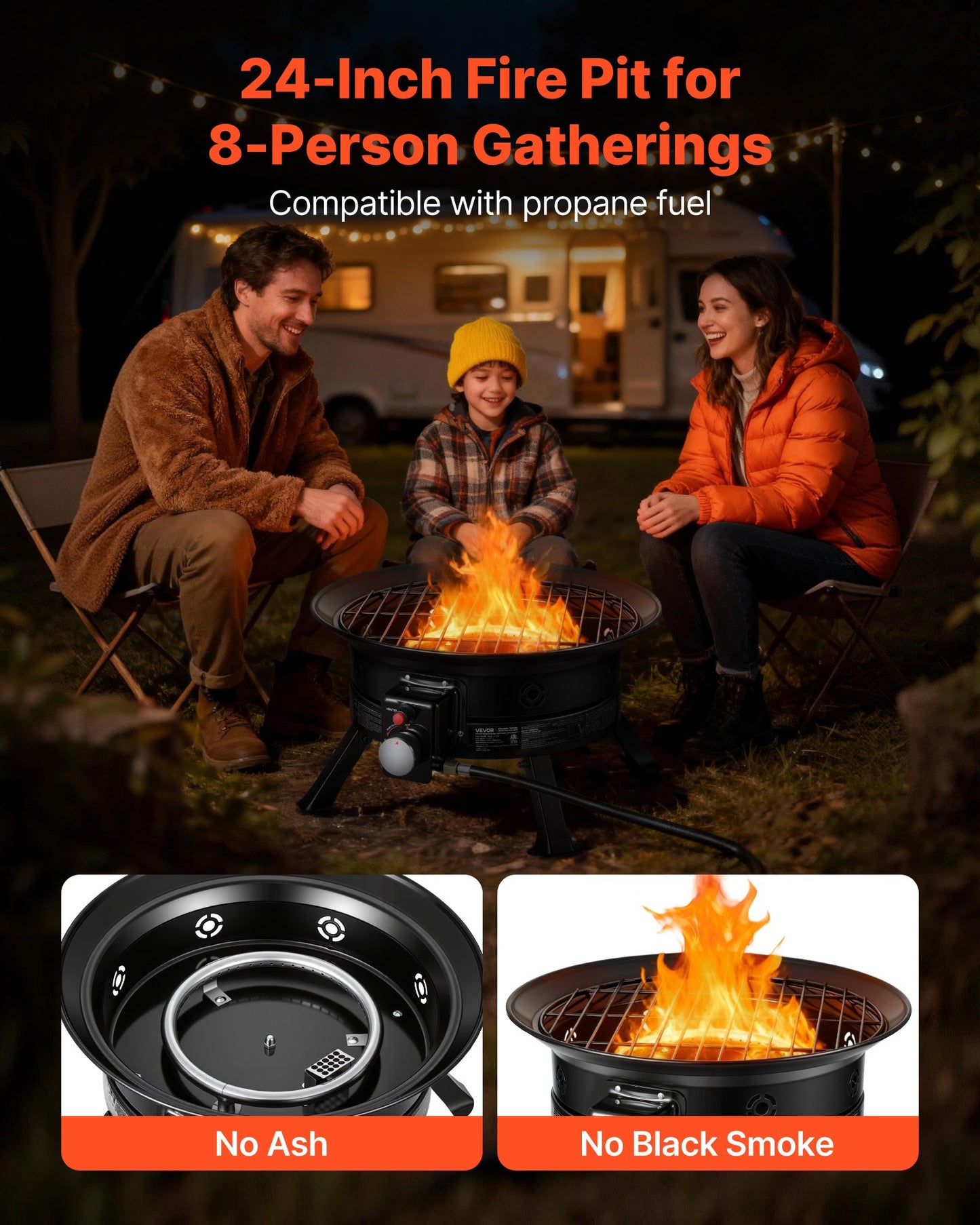 Propane Fire Pit 60.5 cm, 53,000 BTU Portable Gas Fire Pit, with Grill Grate & Lava Rocks, Adjustable Flame, Folding Legs,Smokeless Outdoor Firebowl for Camping, Patio, Backyard, Deck, RV, Black