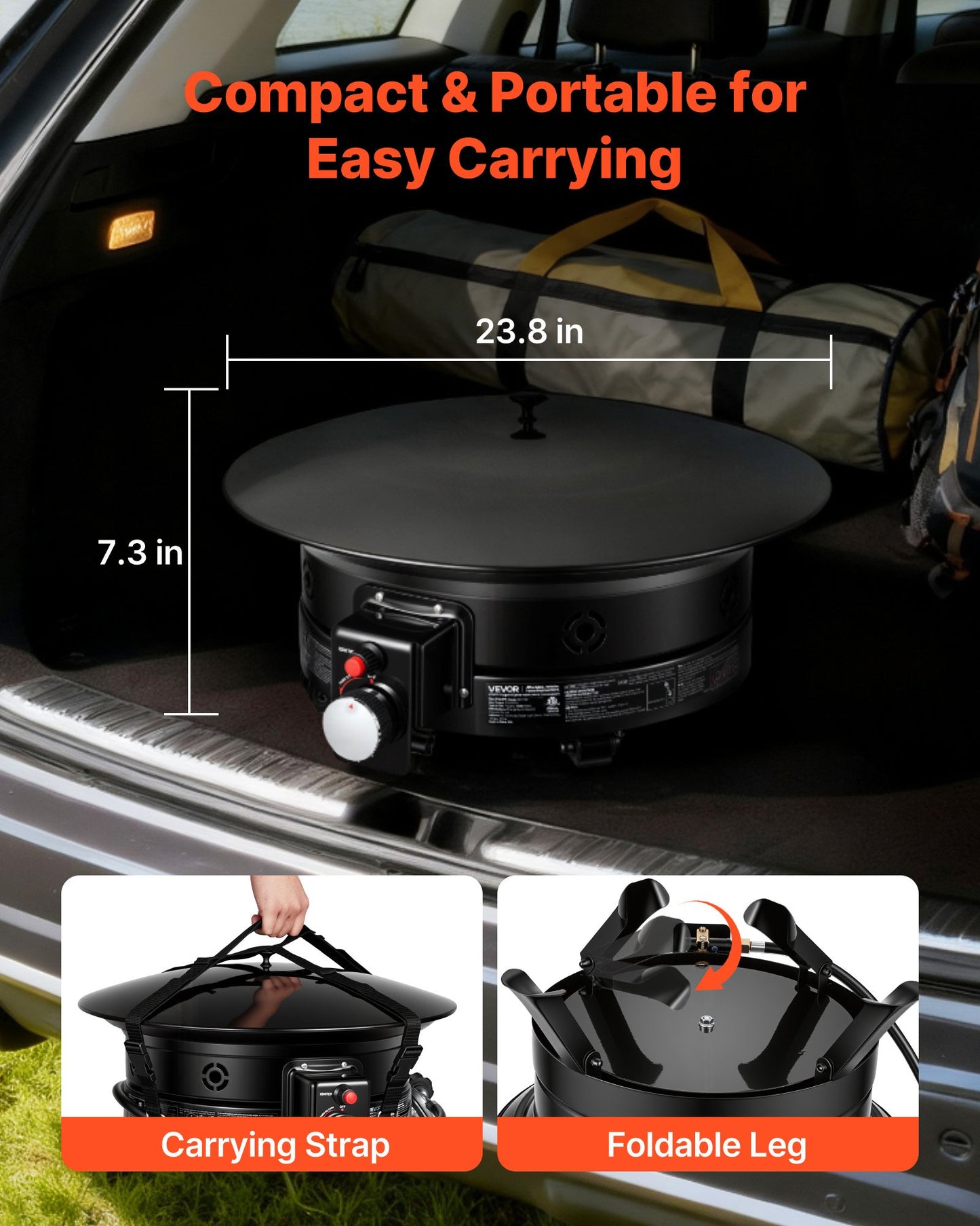 Propane Fire Pit 60.5 cm, 53,000 BTU Portable Gas Fire Pit, with Grill Grate & Lava Rocks, Adjustable Flame, Folding Legs,Smokeless Outdoor Firebowl for Camping, Patio, Backyard, Deck, RV, Black