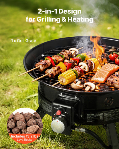 Propane Fire Pit 60.5 cm, 53,000 BTU Portable Gas Fire Pit, with Grill Grate & Lava Rocks, Adjustable Flame, Folding Legs,Smokeless Outdoor Firebowl for Camping, Patio, Backyard, Deck, RV, Black