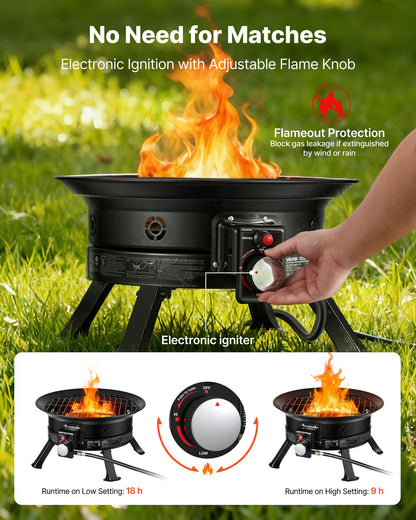 Propane Fire Pit 60.5 cm, 53,000 BTU Portable Gas Fire Pit, with Grill Grate & Lava Rocks, Adjustable Flame, Folding Legs,Smokeless Outdoor Firebowl for Camping, Patio, Backyard, Deck, RV, Black