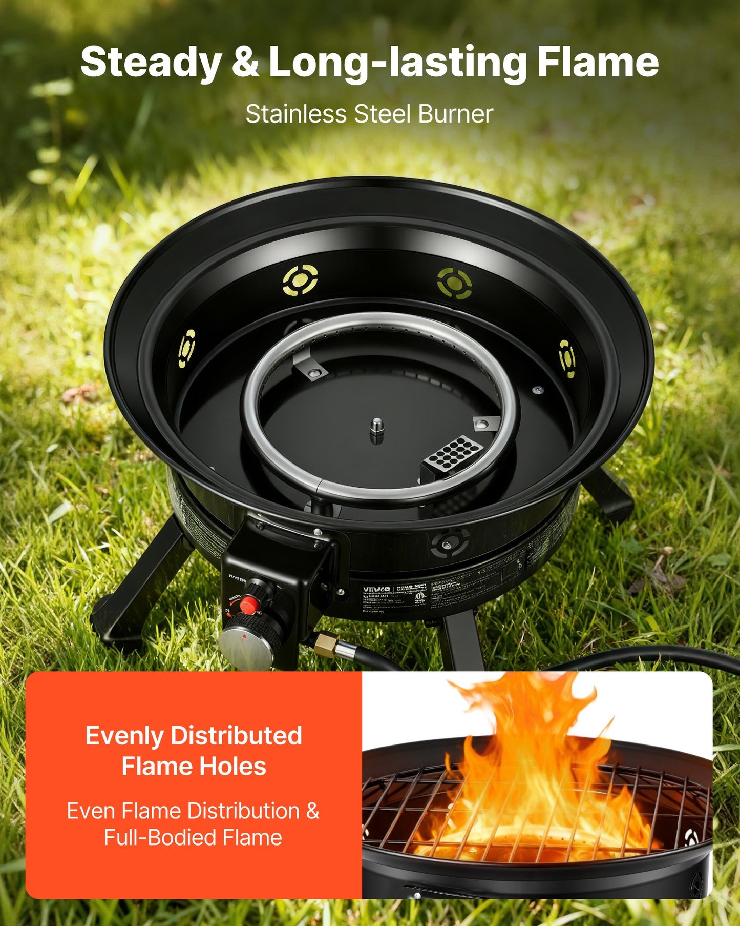Propane Fire Pit 60.5 cm, 53,000 BTU Portable Gas Fire Pit, with Grill Grate & Lava Rocks, Adjustable Flame, Folding Legs,Smokeless Outdoor Firebowl for Camping, Patio, Backyard, Deck, RV, Black