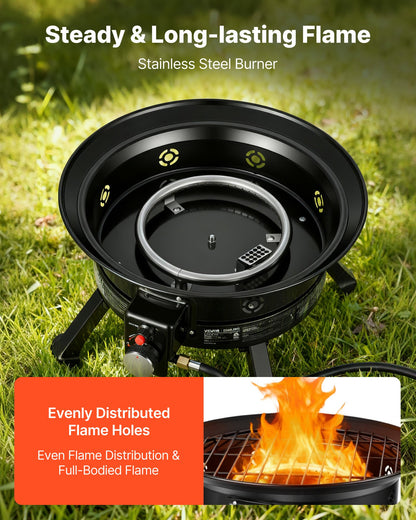 Propane Fire Pit 60.5 cm, 53,000 BTU Portable Gas Fire Pit, with Grill Grate & Lava Rocks, Adjustable Flame, Folding Legs,Smokeless Outdoor Firebowl for Camping, Patio, Backyard, Deck, RV, Black