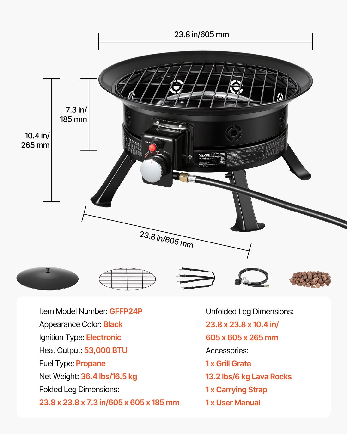 Propane Fire Pit 60.5 cm, 53,000 BTU Portable Gas Fire Pit, with Grill Grate & Lava Rocks, Adjustable Flame, Folding Legs,Smokeless Outdoor Firebowl for Camping, Patio, Backyard, Deck, RV, Black