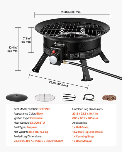 Propane Fire Pit 60.5 cm, 53,000 BTU Portable Gas Fire Pit, with Grill Grate & Lava Rocks, Adjustable Flame, Folding Legs,Smokeless Outdoor Firebowl for Camping, Patio, Backyard, Deck, RV, Black