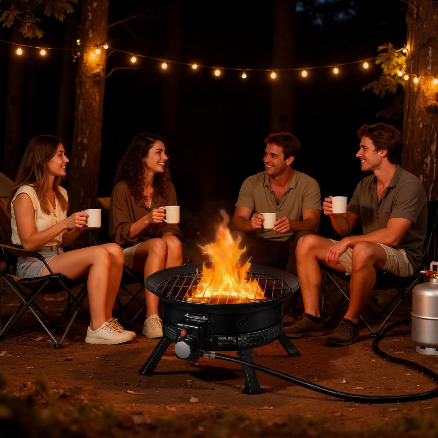 Propane Fire Pit 60.5 cm, 53,000 BTU Portable Gas Fire Pit, with Grill Grate & Lava Rocks, Adjustable Flame, Folding Legs,Smokeless Outdoor Firebowl for Camping, Patio, Backyard, Deck, RV, Black
