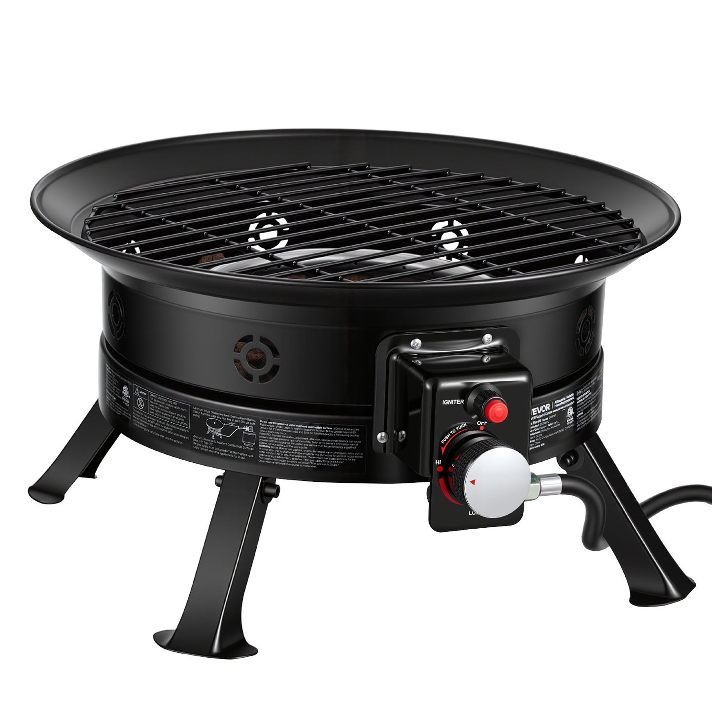 Propane Fire Pit 60.5 cm, 53,000 BTU Portable Gas Fire Pit, with Grill Grate & Lava Rocks, Adjustable Flame, Folding Legs,Smokeless Outdoor Firebowl for Camping, Patio, Backyard, Deck, RV, Black