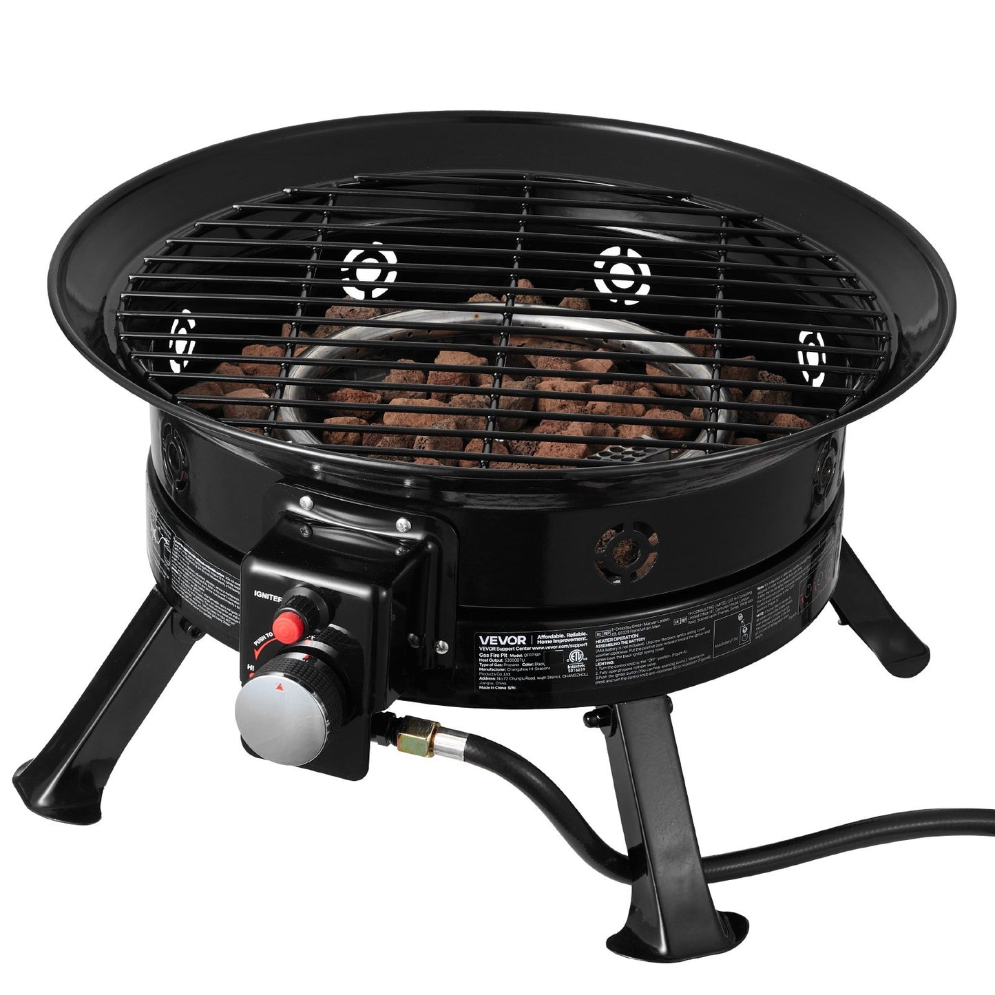 Propane Fire Pit 60.5 cm, 53,000 BTU Portable Gas Fire Pit, with Grill Grate & Lava Rocks, Adjustable Flame, Folding Legs,Smokeless Outdoor Firebowl for Camping, Patio, Backyard, Deck, RV, Black
