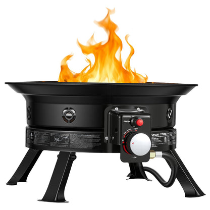 Propane Fire Pit 60.5 cm, 53,000 BTU Portable Gas Fire Pit, with Grill Grate & Lava Rocks, Adjustable Flame, Folding Legs,Smokeless Outdoor Firebowl for Camping, Patio, Backyard, Deck, RV, Black