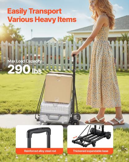 Folding Hand Truck, 131.5 kg Load Capacity, Collapsible Luggage Cart with 4 Wheels, 2 Elastic Ropes & Expandable Base, Utility Dolly Platform Cart for Airport Travel Luggage Office Moving, Black