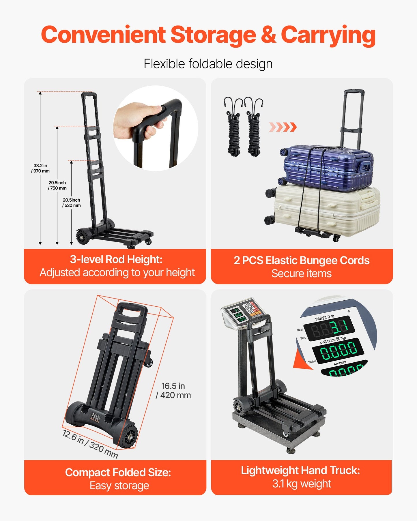 Folding Hand Truck, 131.5 kg Load Capacity, Collapsible Luggage Cart with 4 Wheels, 2 Elastic Ropes & Expandable Base, Utility Dolly Platform Cart for Airport Travel Luggage Office Moving, Black