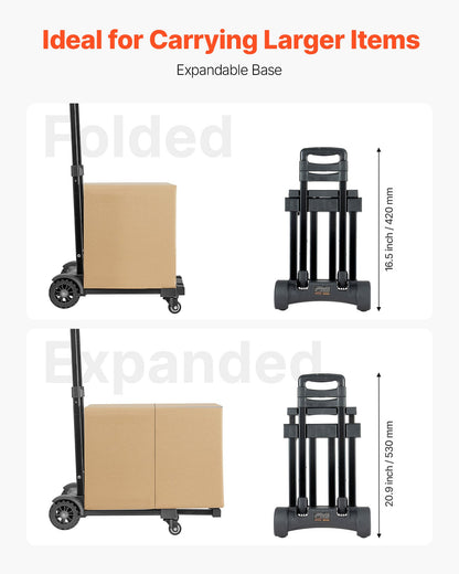 Folding Hand Truck, 131.5 kg Load Capacity, Collapsible Luggage Cart with 4 Wheels, 2 Elastic Ropes & Expandable Base, Utility Dolly Platform Cart for Airport Travel Luggage Office Moving, Black