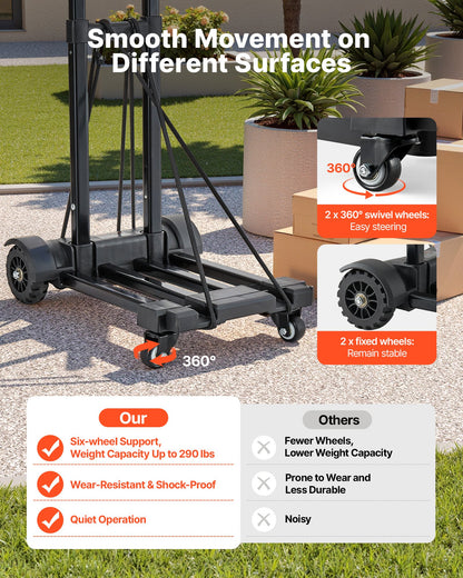 Folding Hand Truck, 131.5 kg Load Capacity, Collapsible Luggage Cart with 4 Wheels, 2 Elastic Ropes & Expandable Base, Utility Dolly Platform Cart for Airport Travel Luggage Office Moving, Black