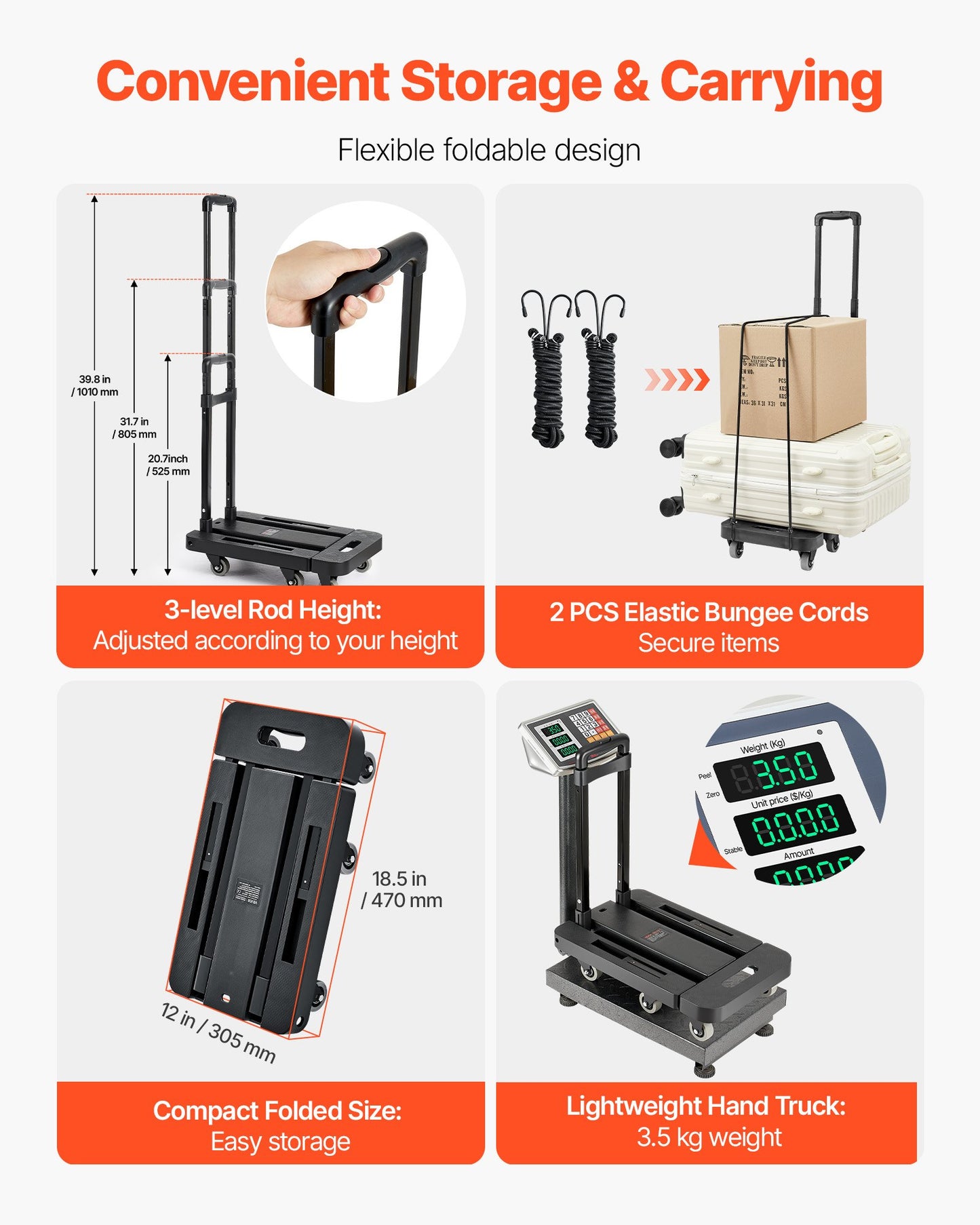Folding Hand Truck, 226.8 kg Load Capacity, Collapsible Luggage Cart with 6 Wheels, 2 Elastic Ropes & Expandable Base, Utility Dolly Platform Cart for Airport Travel Luggage Office Moving, Black