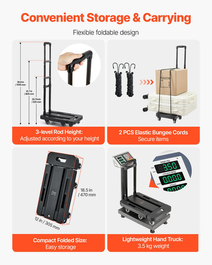 Folding Hand Truck, 226.8 kg Load Capacity, Collapsible Luggage Cart with 6 Wheels, 2 Elastic Ropes & Expandable Base, Utility Dolly Platform Cart for Airport Travel Luggage Office Moving, Black