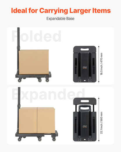 Folding Hand Truck, 226.8 kg Load Capacity, Collapsible Luggage Cart with 6 Wheels, 2 Elastic Ropes & Expandable Base, Utility Dolly Platform Cart for Airport Travel Luggage Office Moving, Black