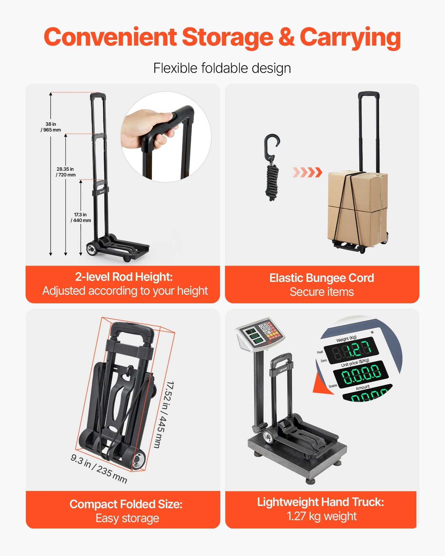 Folding Hand Truck, 49.9 kg Load Capacity, Collapsible Luggage Cart with 2 Wheels & 1 Elastic Rope, Utility Dolly Platform Cart for Airport Travel Furniture Luggage Office Moving, Black