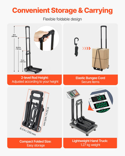 Folding Hand Truck, 49.9 kg Load Capacity, Collapsible Luggage Cart with 2 Wheels & 1 Elastic Rope, Utility Dolly Platform Cart for Airport Travel Furniture Luggage Office Moving, Black