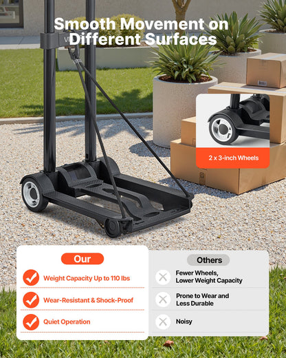 Folding Hand Truck, 49.9 kg Load Capacity, Collapsible Luggage Cart with 2 Wheels & 1 Elastic Rope, Utility Dolly Platform Cart for Airport Travel Furniture Luggage Office Moving, Black