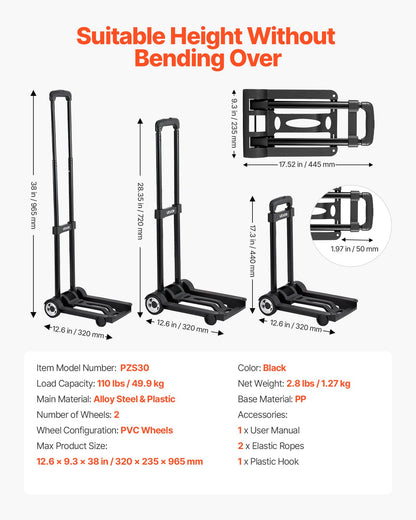 Folding Hand Truck, 49.9 kg Load Capacity, Collapsible Luggage Cart with 2 Wheels & 1 Elastic Rope, Utility Dolly Platform Cart for Airport Travel Furniture Luggage Office Moving, Black