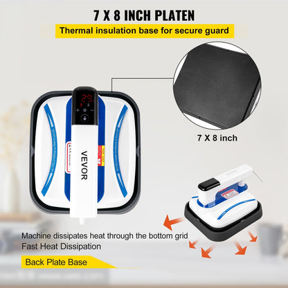 Compact Blue Heat Press Machine, 17x20 cm for T-Shirts, Easy Touch Controls