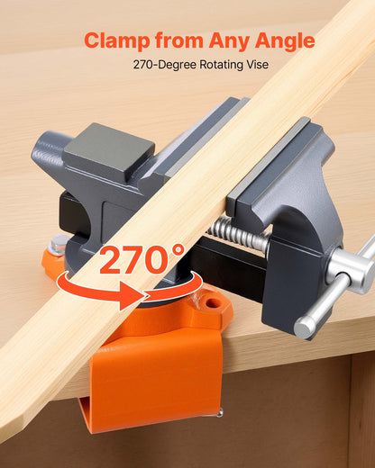 Bench Vise, 4.5 Inch, Portable Workbench Vice with 270° Swivel Base, Quick Release Rotating Bench Clamp, Cast Iron Construction, for Woodworking, Metalworking, Drilling, Sawing, Cutting Conduit