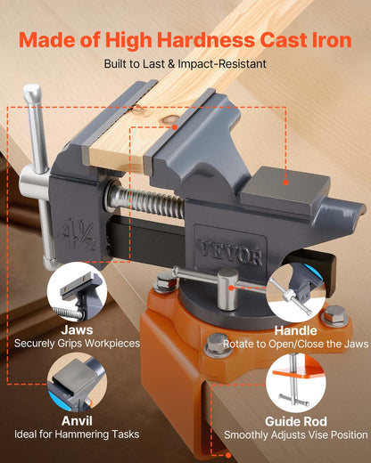 Bench Vise, 4.5 Inch, Portable Workbench Vice with 270° Swivel Base, Quick Release Rotating Bench Clamp, Cast Iron Construction, for Woodworking, Metalworking, Drilling, Sawing, Cutting Conduit