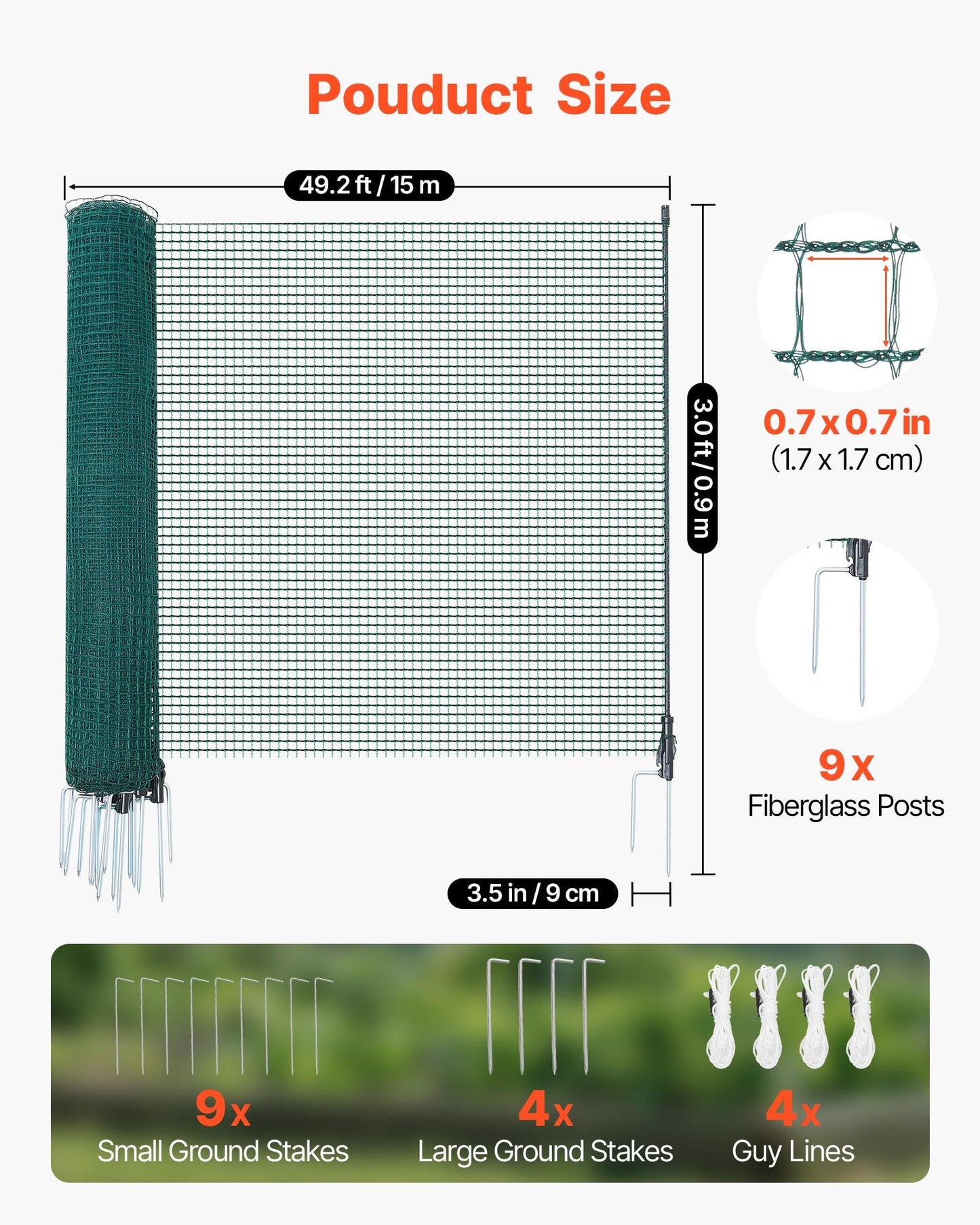 Temporary Fence with Posts, 0.9 x 15m Plastic Mesh Fencing, Garden Safety Fences Netting with Double-Spike Stakes & Guy Ropes, Temporary Fence for Dogs, Chickens, Plants, Outdoor Yards