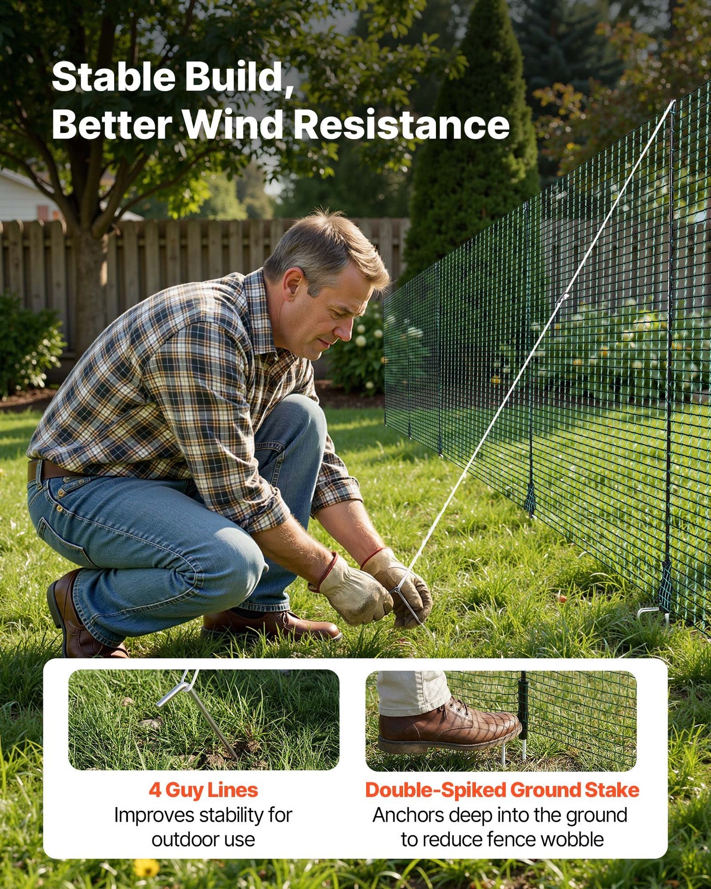Temporary Fence with Posts, 0.9 x 15m Plastic Mesh Fencing, Garden Safety Fences Netting with Double-Spike Stakes & Guy Ropes, Temporary Fence for Dogs, Chickens, Plants, Outdoor Yards