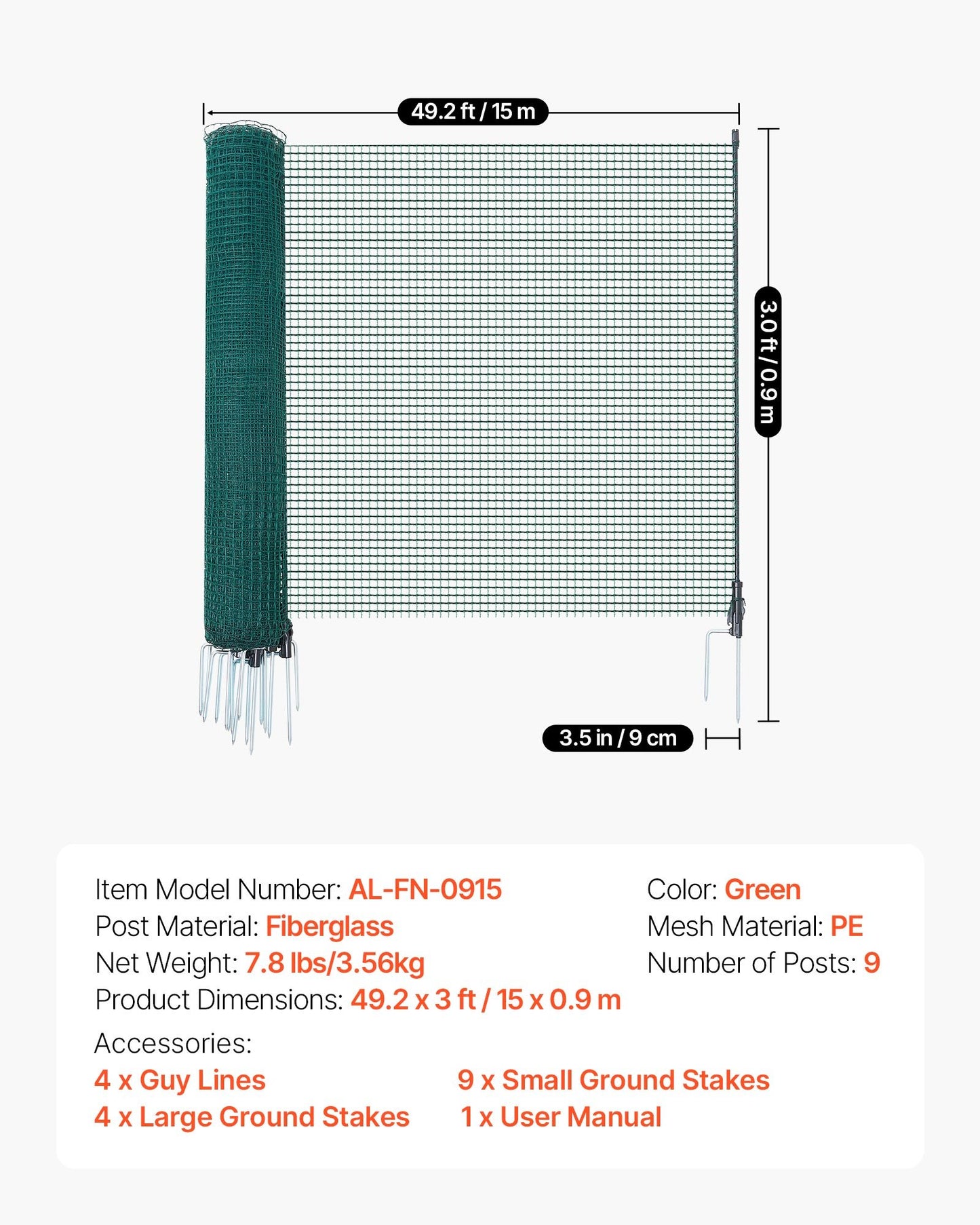 Temporary Fence with Posts, 0.9 x 15m Plastic Mesh Fencing, Garden Safety Fences Netting with Double-Spike Stakes & Guy Ropes, Temporary Fence for Dogs, Chickens, Plants, Outdoor Yards