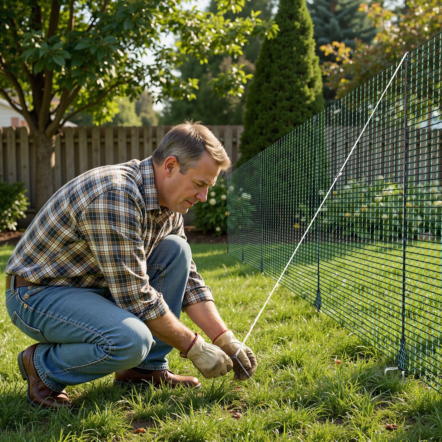 Temporary Fence with Posts, 0.9 x 15m Plastic Mesh Fencing, Garden Safety Fences Netting with Double-Spike Stakes & Guy Ropes, Temporary Fence for Dogs, Chickens, Plants, Outdoor Yards