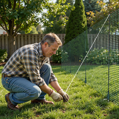 Temporary Fence with Posts, 0.9 x 15m Plastic Mesh Fencing, Garden Safety Fences Netting with Double-Spike Stakes & Guy Ropes, Temporary Fence for Dogs, Chickens, Plants, Outdoor Yards